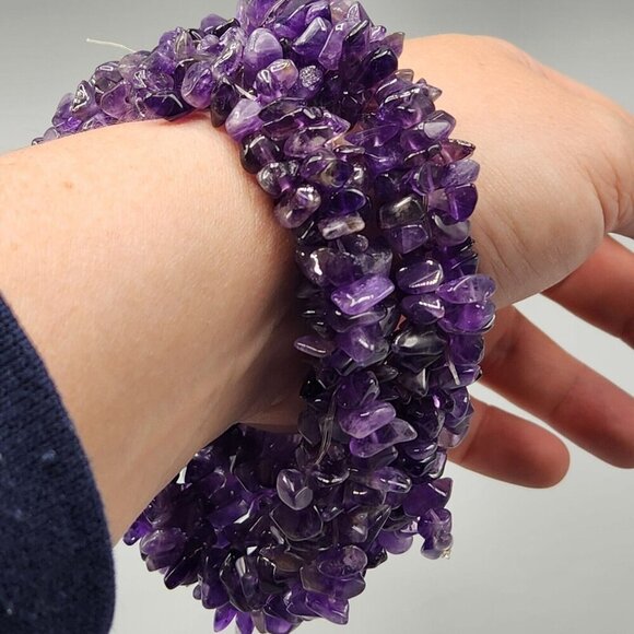 Amethyst Chip Bracelet Pair One Size Stretchy Purple Semi-Precious Stone Chunky - Picture 8 of 8